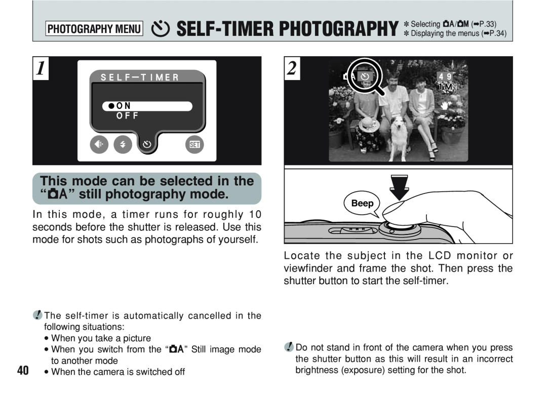 FujiFilm A200 = SELF-TIMER PHOTOGRAPHY Selecting A/SP.33, This mode can be selected in the “A” still photography mode 