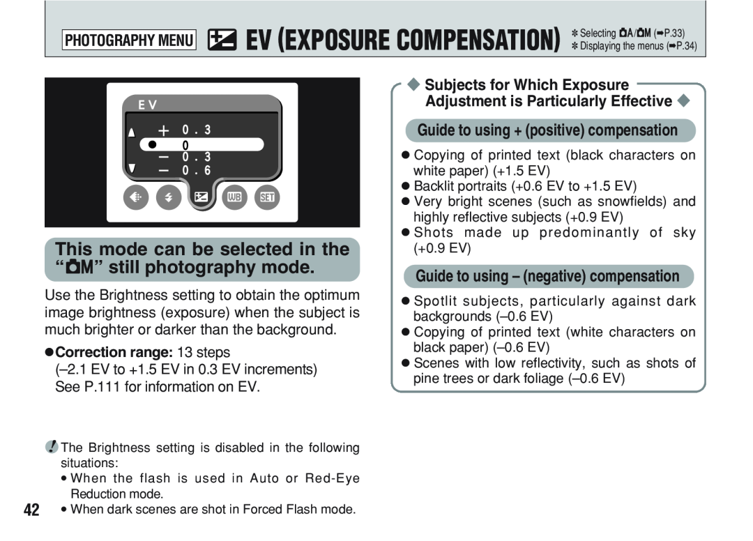 FujiFilm A200 d EV EXPOSURE COMPENSATION Selecting A/SP.33, This mode can be selected in the “S” still photography mode 