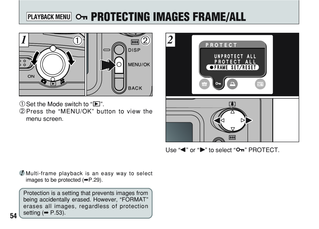FujiFilm A200 k PROTECTING IMAGES FRAME/ALL, Use “d” or “c” to select “k” PROTECT, setting P.53, Playback Menu, Ｐｒｏｔｅｃｔ 