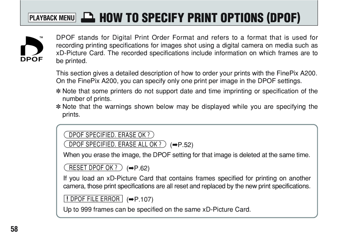 FujiFilm A200 manual i HOW TO SPECIFY PRINT OPTIONS DPOF 