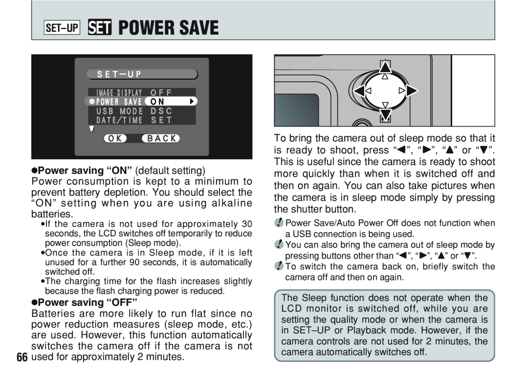 FujiFilm A200 manual SET-UP gPOWER SAVE, hPower saving “ON” default setting, hPower saving “OFF” 