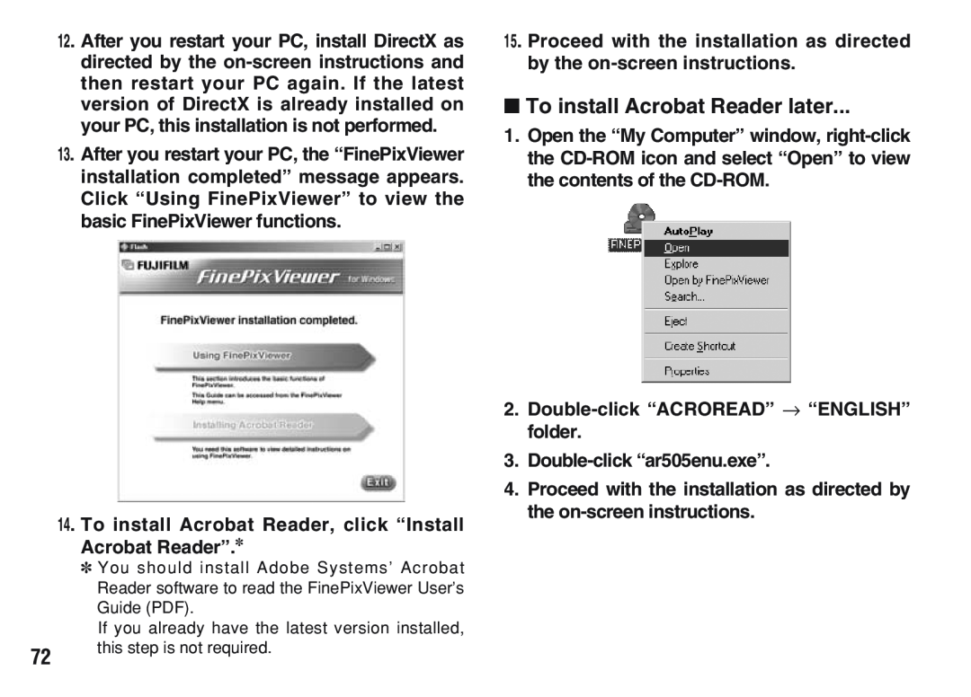 FujiFilm A200 manual To install Acrobat Reader later, To install Acrobat Reader, click “Install Acrobat Reader” 