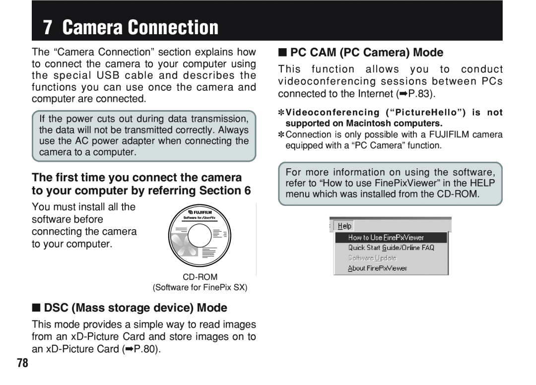 FujiFilm A200 manual Camera Connection, DSC Mass storage device Mode, PC CAM PC Camera Mode 