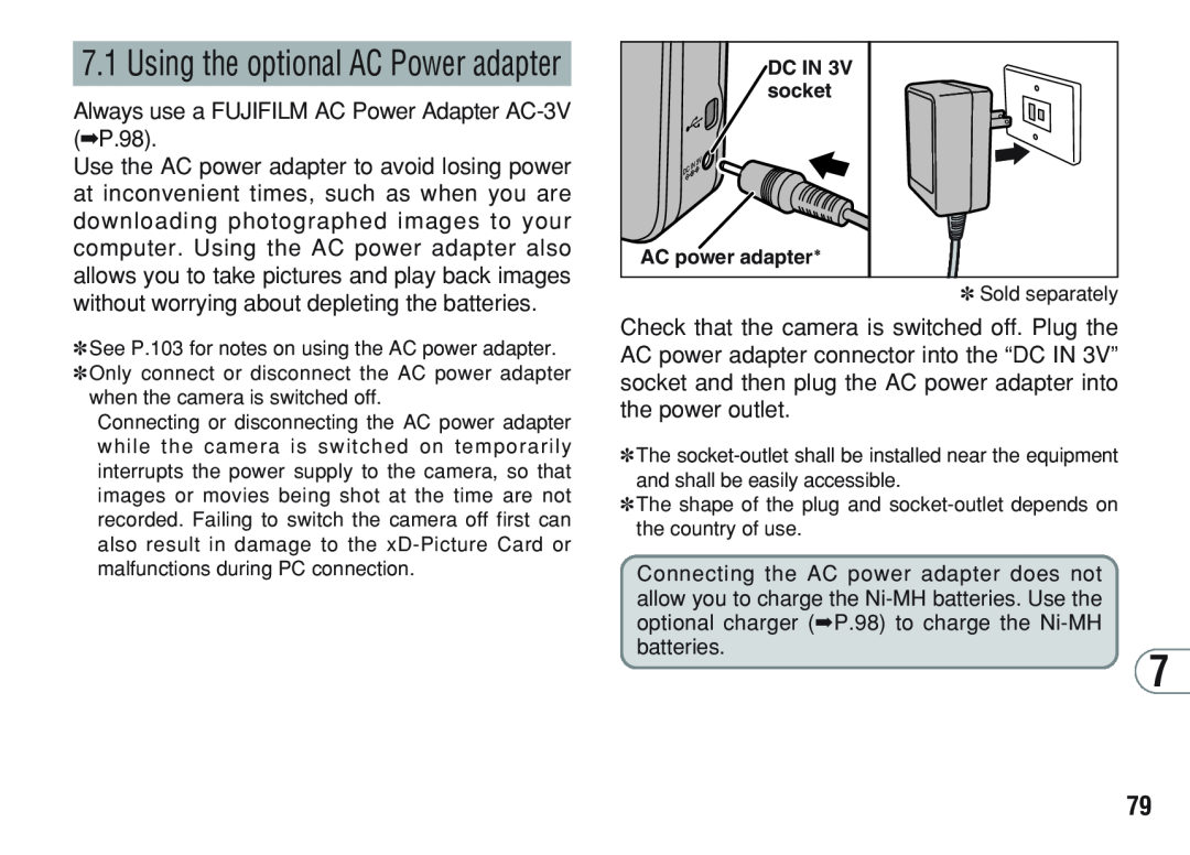 FujiFilm A200 manual Using the optional AC Power adapter, Always use a FUJIFILM AC Power Adapter AC-3V P.98 