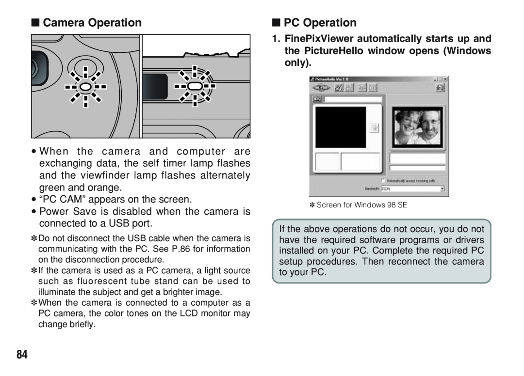FujiFilm A200 manual i “PC CAM” appears on the screen, Camera Operation, PC Operation 