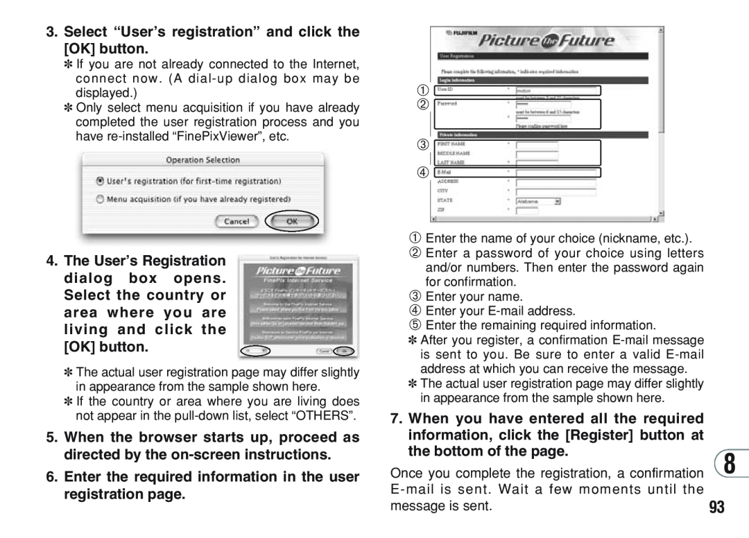 FujiFilm A200 manual Select “User’s registration” and click the OK button, the bottom of the page, message is sent 