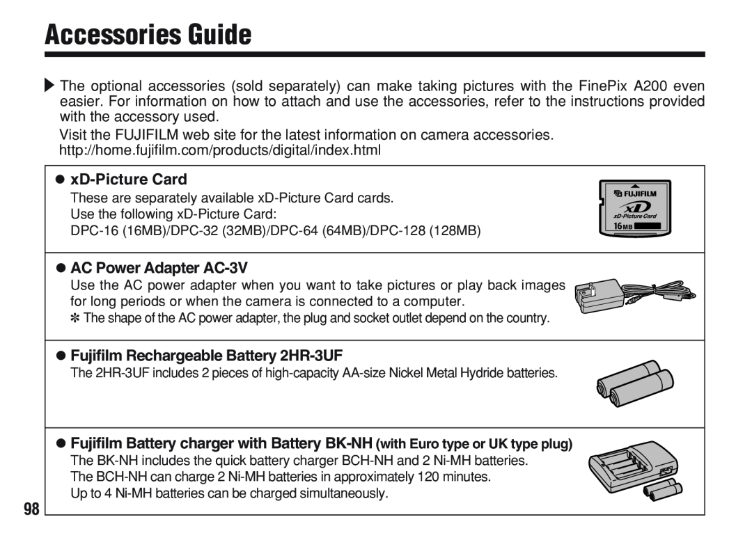 FujiFilm A200 manual Accessories Guide, h xD-Picture Card, AC Power Adapter AC-3V, Fujifilm Rechargeable Battery 2HR-3UF 