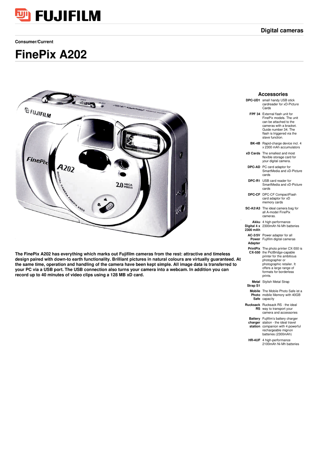 FujiFilm manual FinePix A202, Accessories, 2300 mAh, Adapter, Strap S1 