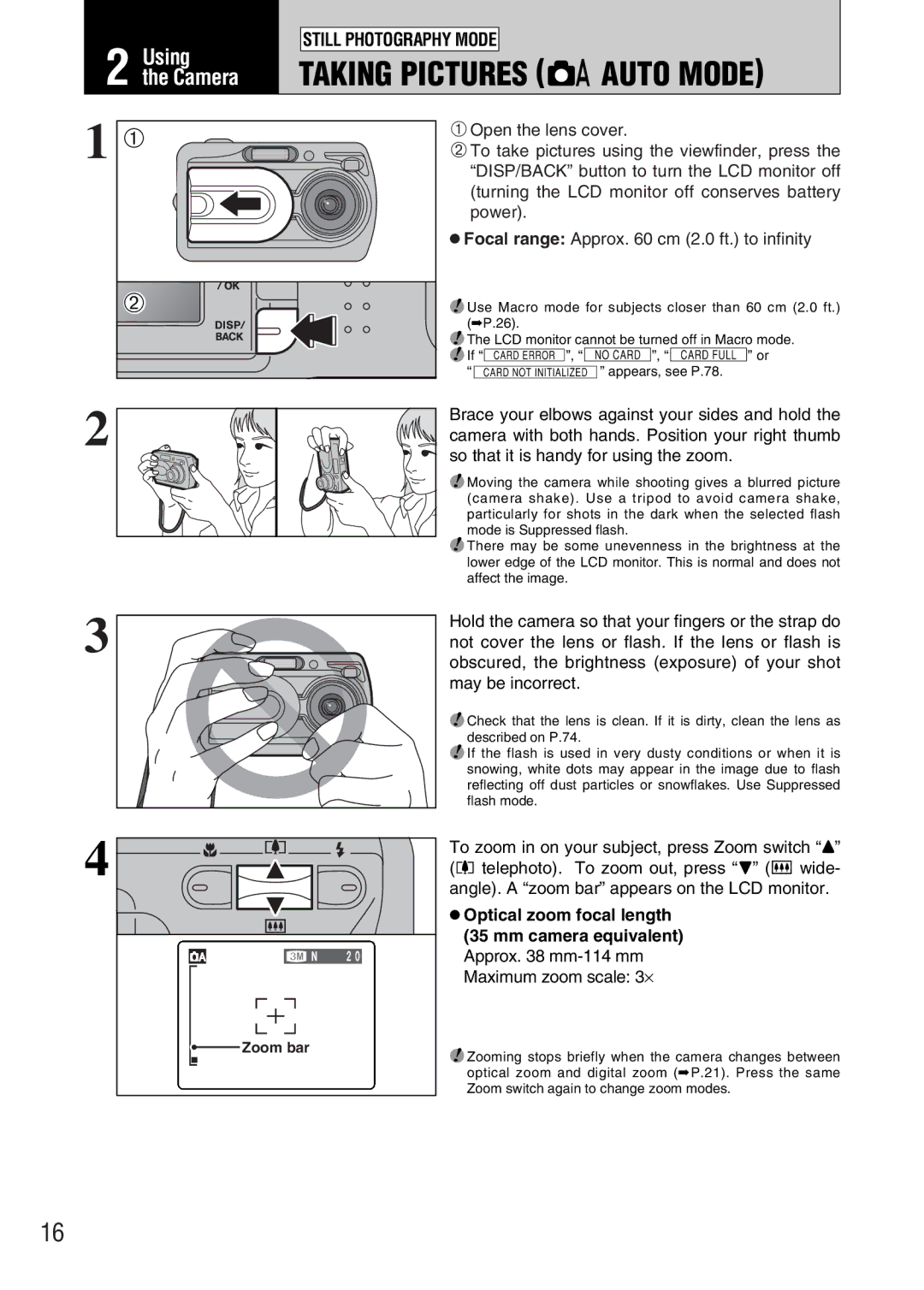 FujiFilm A330 owner manual Taking Pictures aAUTO Mode, Zoom bar 