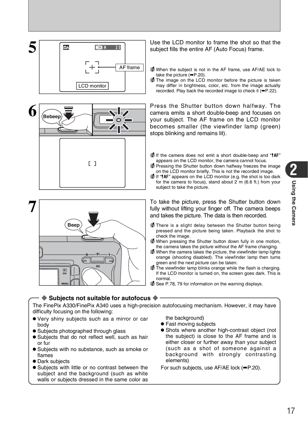 FujiFilm A330 owner manual Subjects not suitable for autofocus 