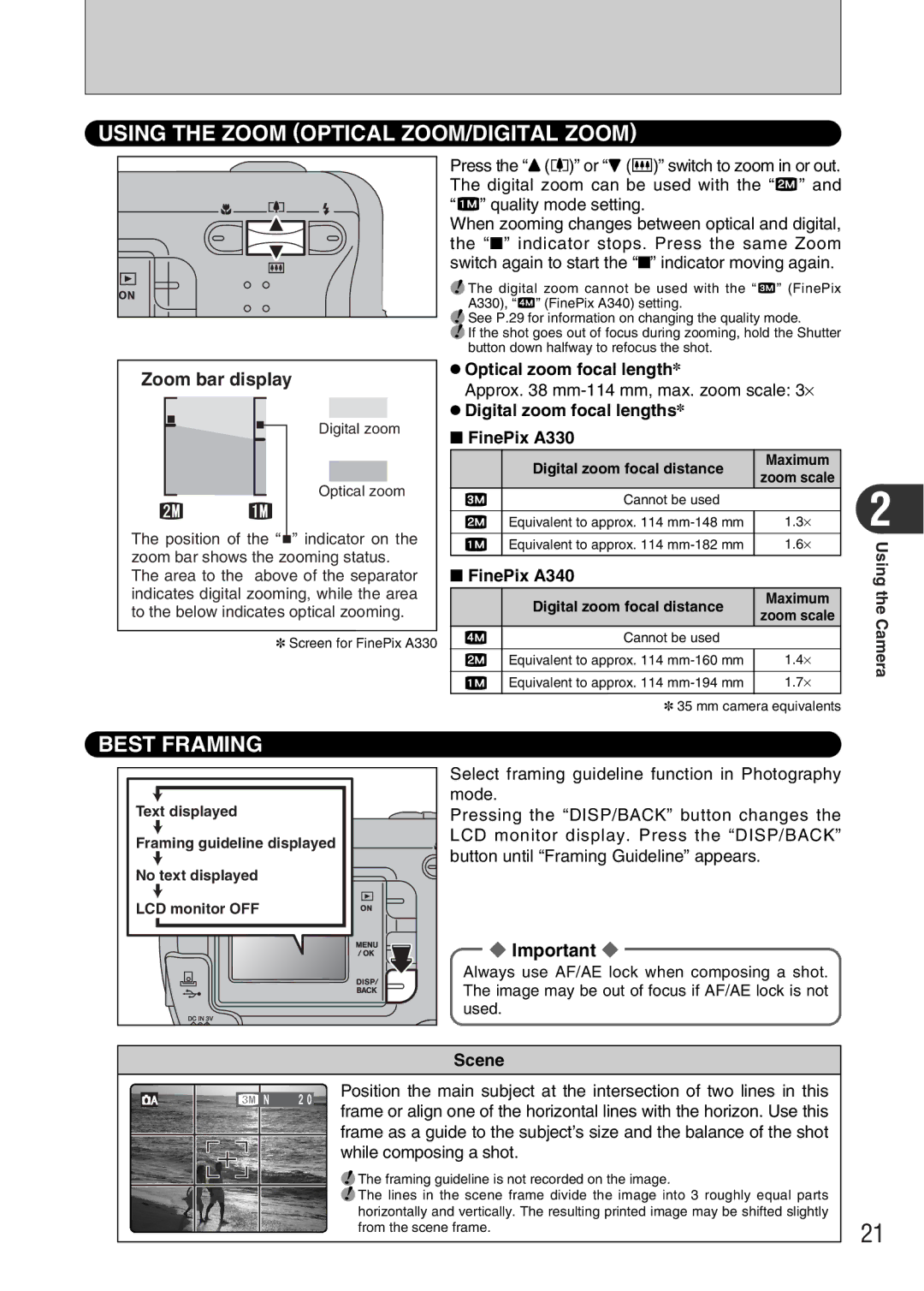 FujiFilm A330 owner manual Using the Zoom Optical ZOOM/DIGITAL Zoom, Best Framing 