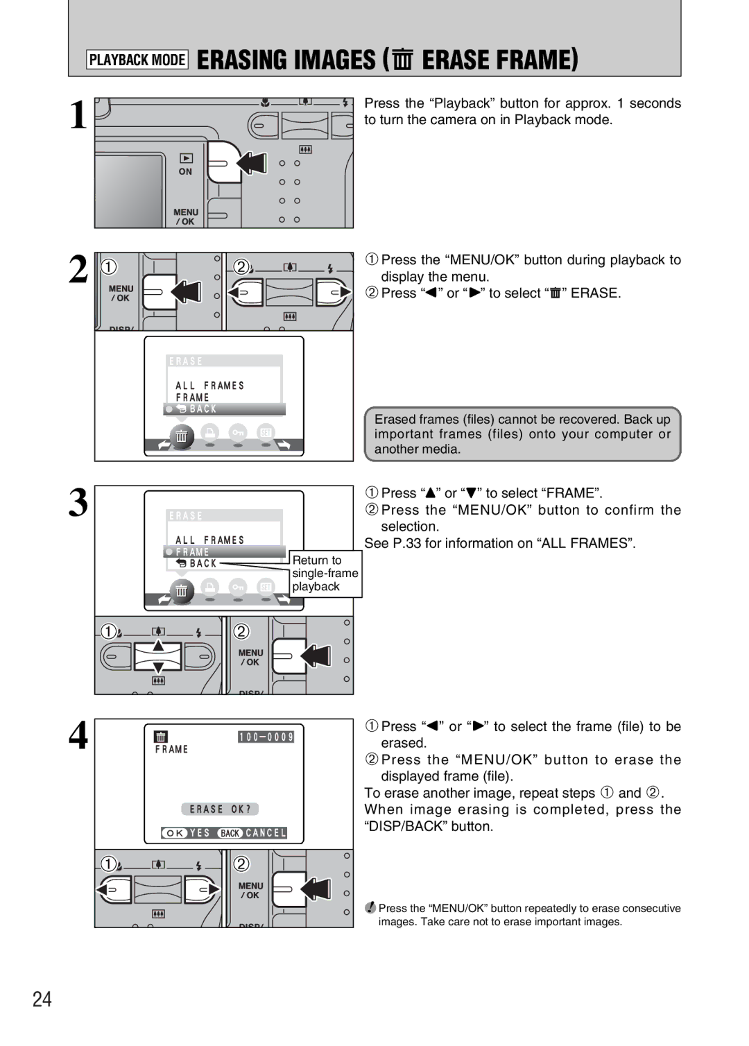 FujiFilm A330 Press the Playback button for approx seconds, To turn the camera on in Playback mode, Display the menu 