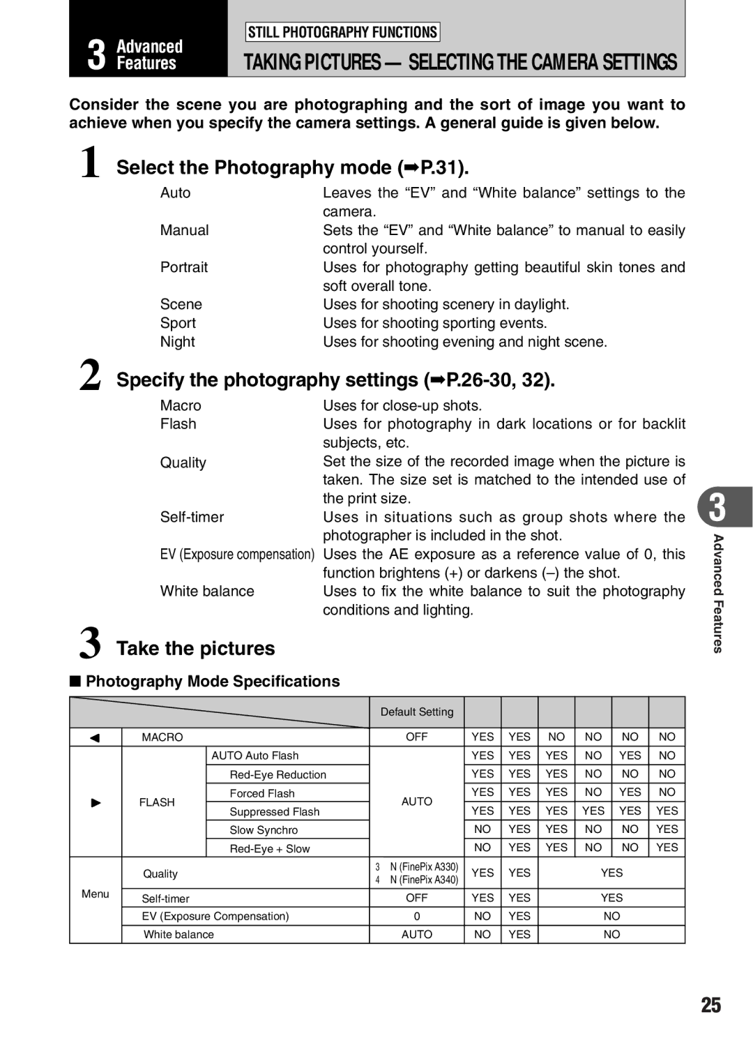 FujiFilm A330 owner manual Photography Mode Specifications, Set the size of the recorded image when the picture is 