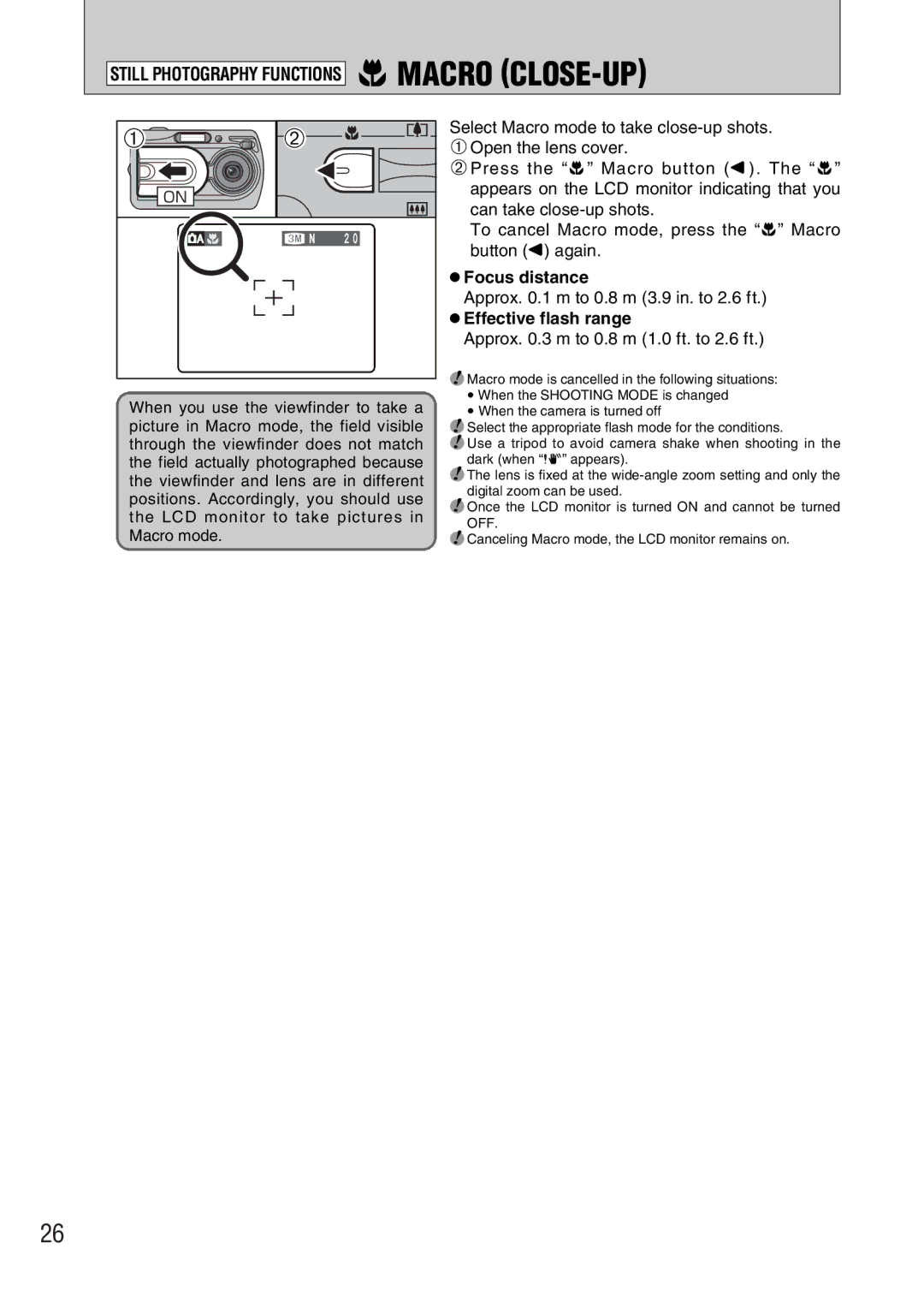 FujiFilm A330 owner manual Macro CLOSE-UP, Approx .3 m to 0.8 m 1.0 ft. to 2.6 ft 