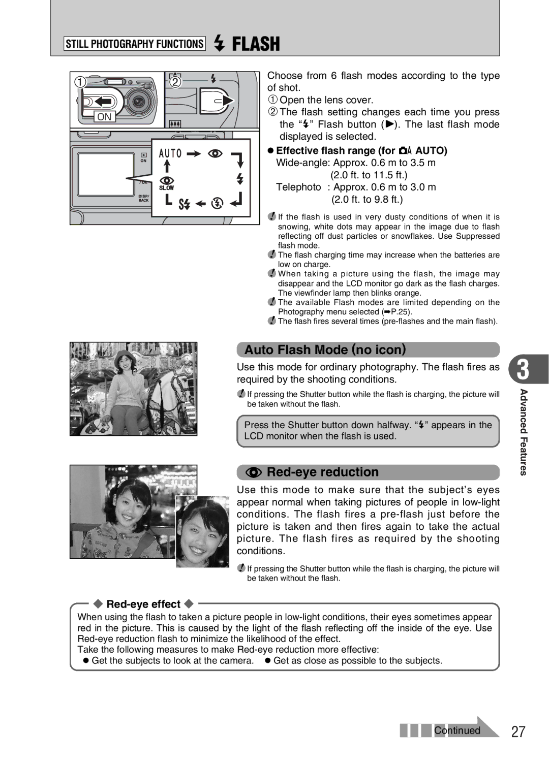 FujiFilm A330 owner manual Auto Flash Mode no icon, Red-eye reduction, Still Photography Functions dFLASH, Red-eye effect 