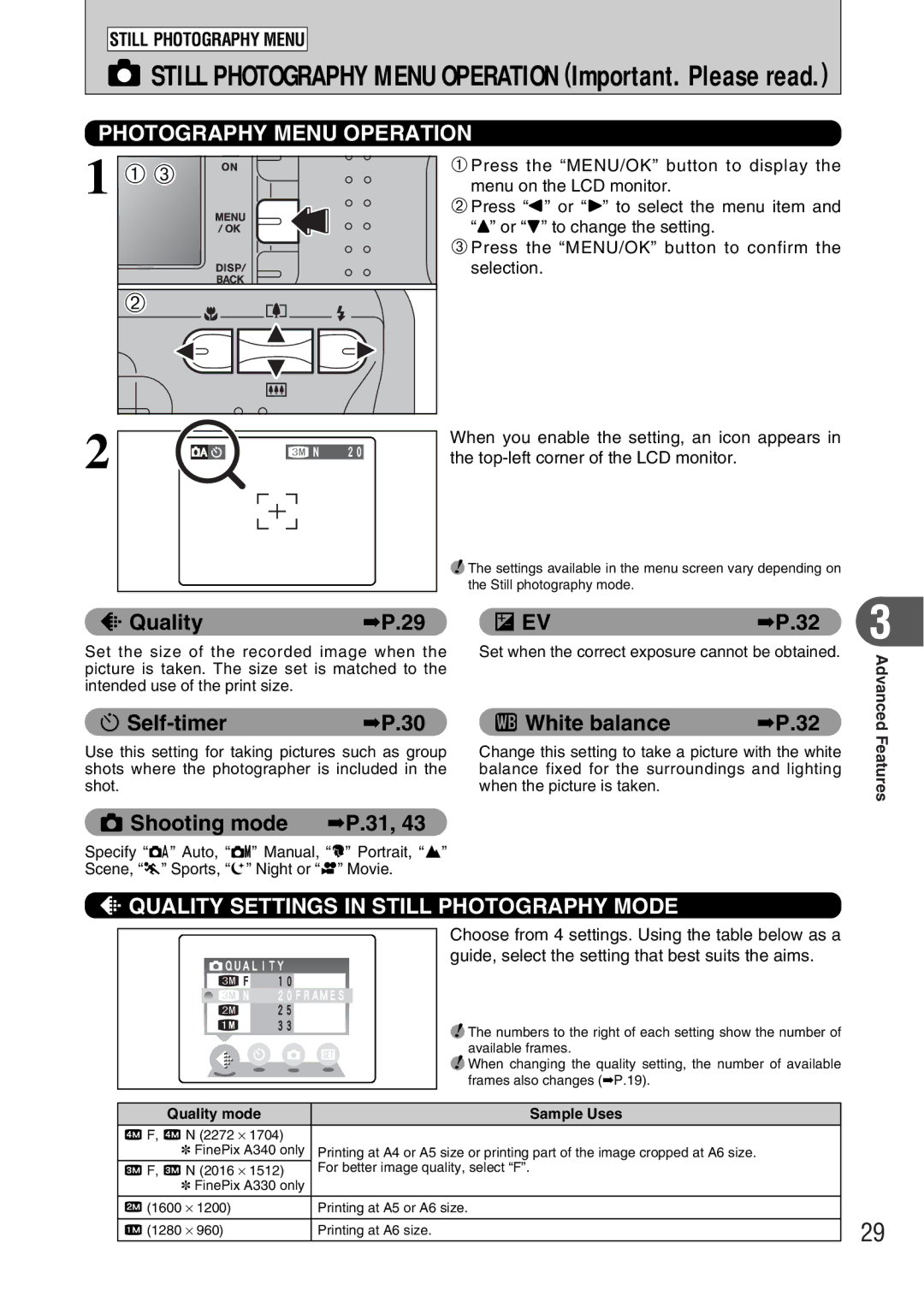 FujiFilm A330 Still Photography Menu Operation Important. Please read, Quality, Self-timer White balance, Shooting mode 