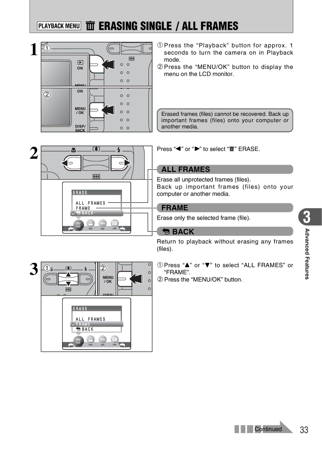 FujiFilm A330 owner manual Playback Menu oERASING Single / ALL Frames, Press d or c to select o Erase 