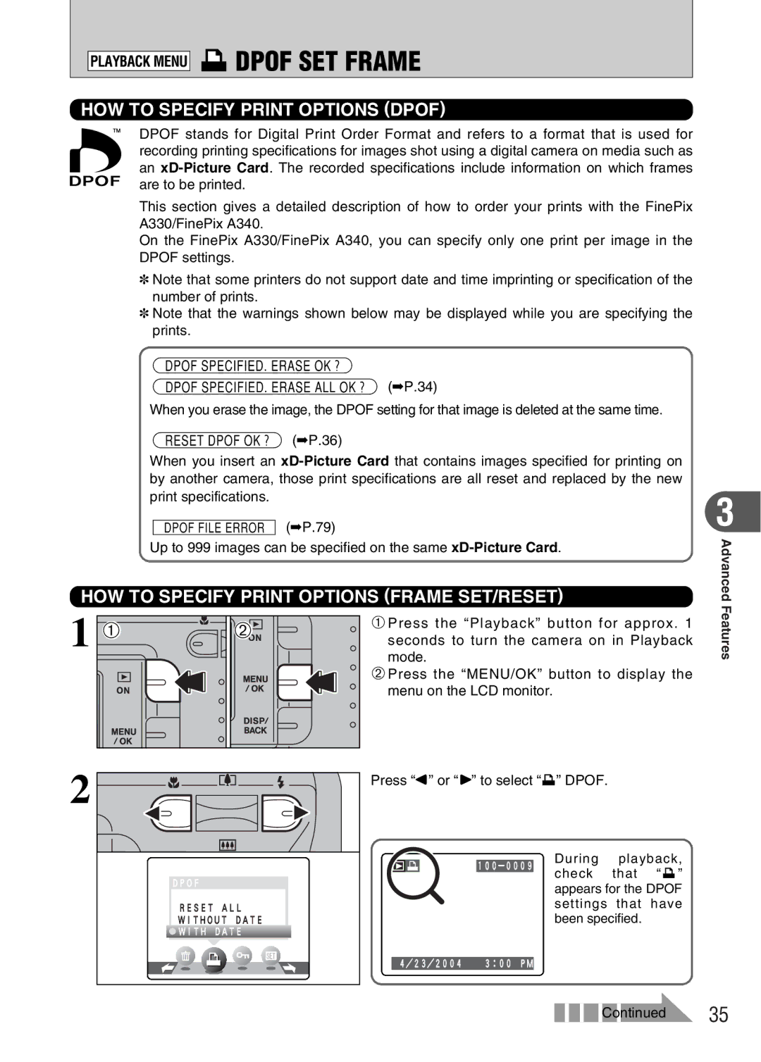 FujiFilm A330 owner manual Playback Menu uDPOF SET Frame, HOW to Specify Print Options Dpof, Press d or c to select u Dpof 