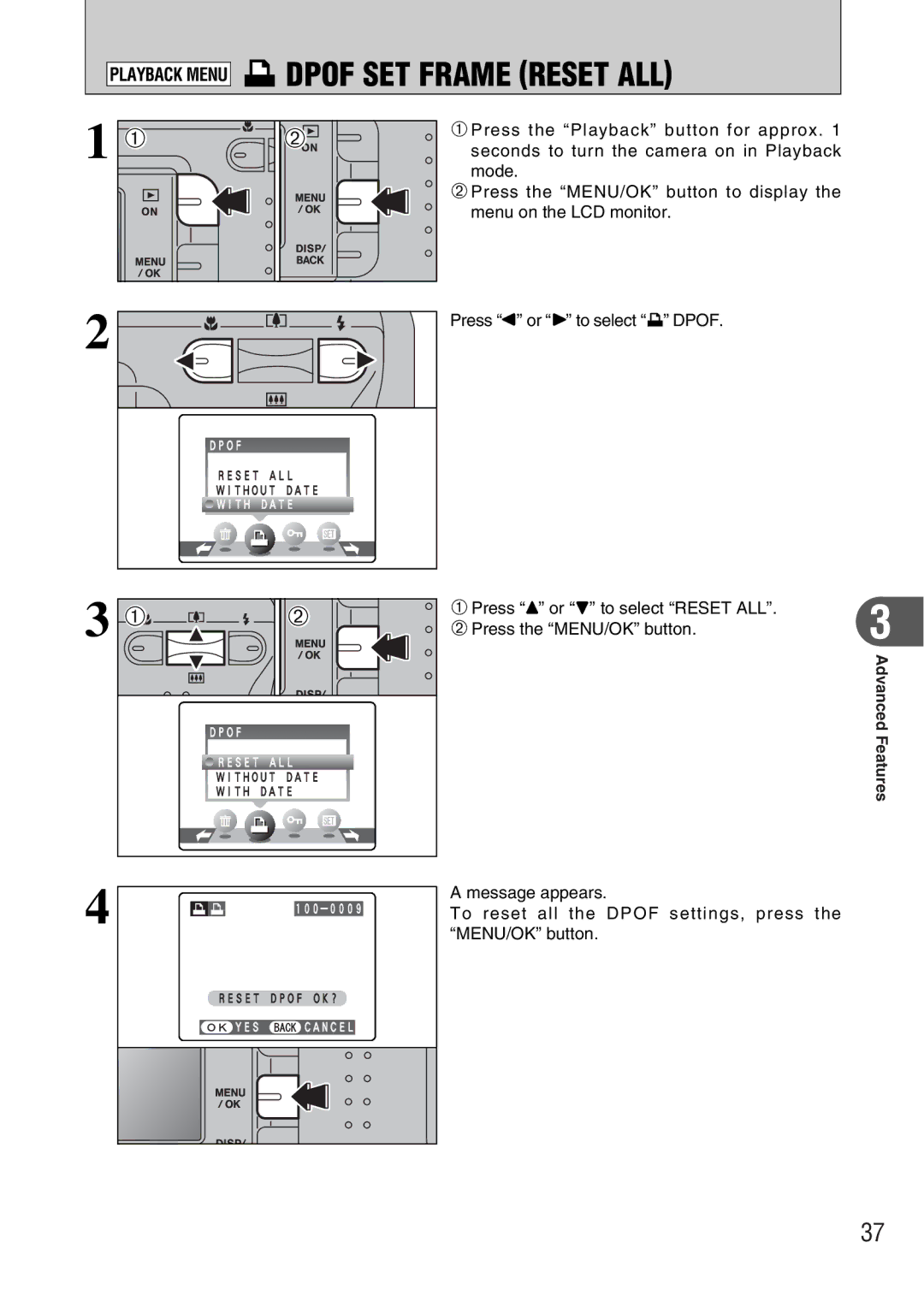 FujiFilm A330 owner manual Playback Menu uDPOF SET Frame Reset ALL 