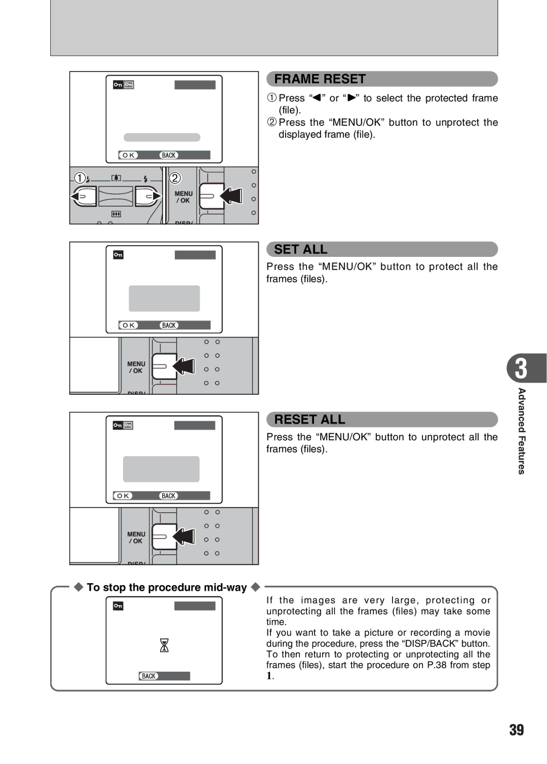 FujiFilm A330 owner manual Press the MENU/OK button to protect all the frames files 