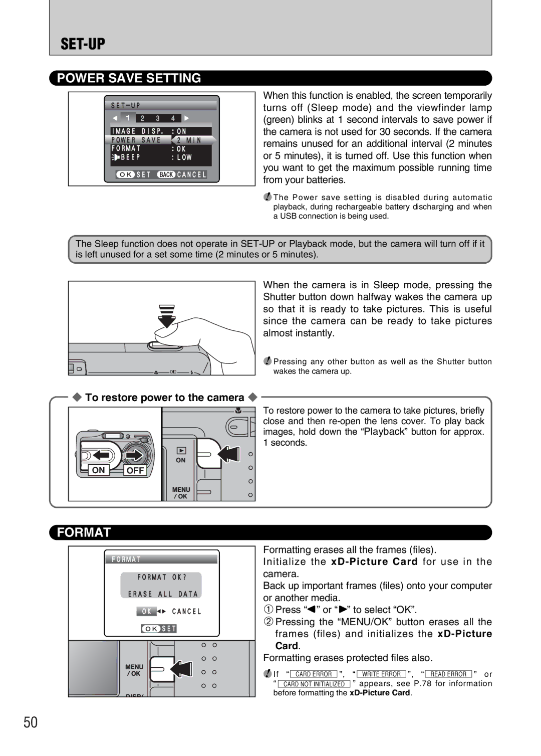 FujiFilm A330 owner manual Power Save Setting, Format, To restore power to the camera 