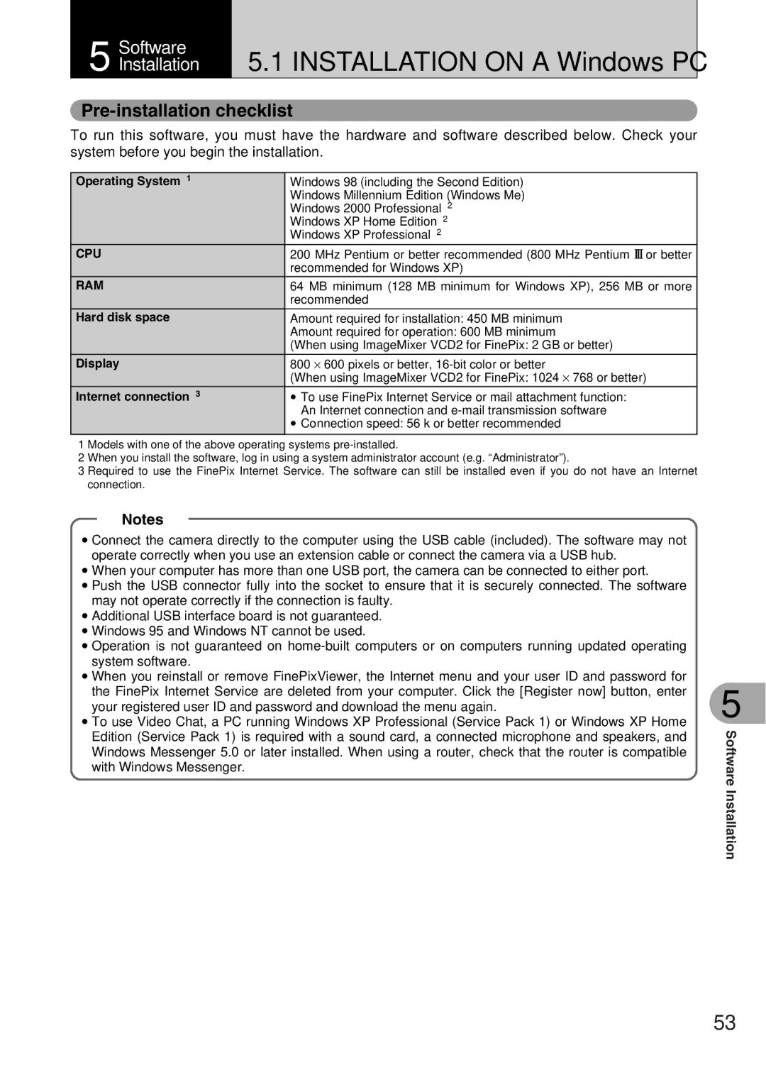 FujiFilm A330 owner manual Pre-installation checklist, Operating System1, Hard disk space, Internet connection3 