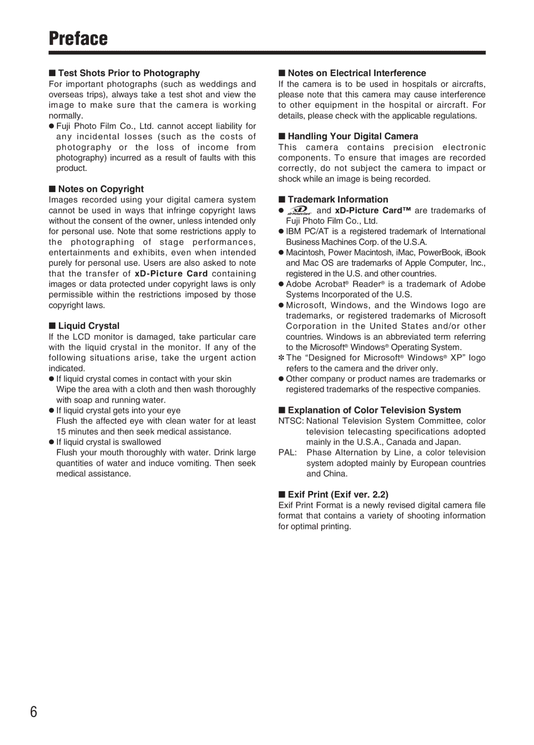 FujiFilm A330 owner manual Preface, Test Shots Prior to Photography 