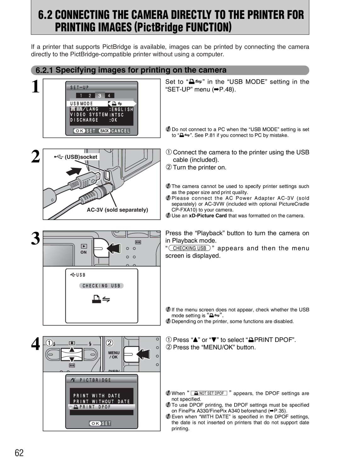 FujiFilm A330 Specifying images for printing on the camera, Set to ¢ in the USB Mode setting in the SET-UP menu P.48 