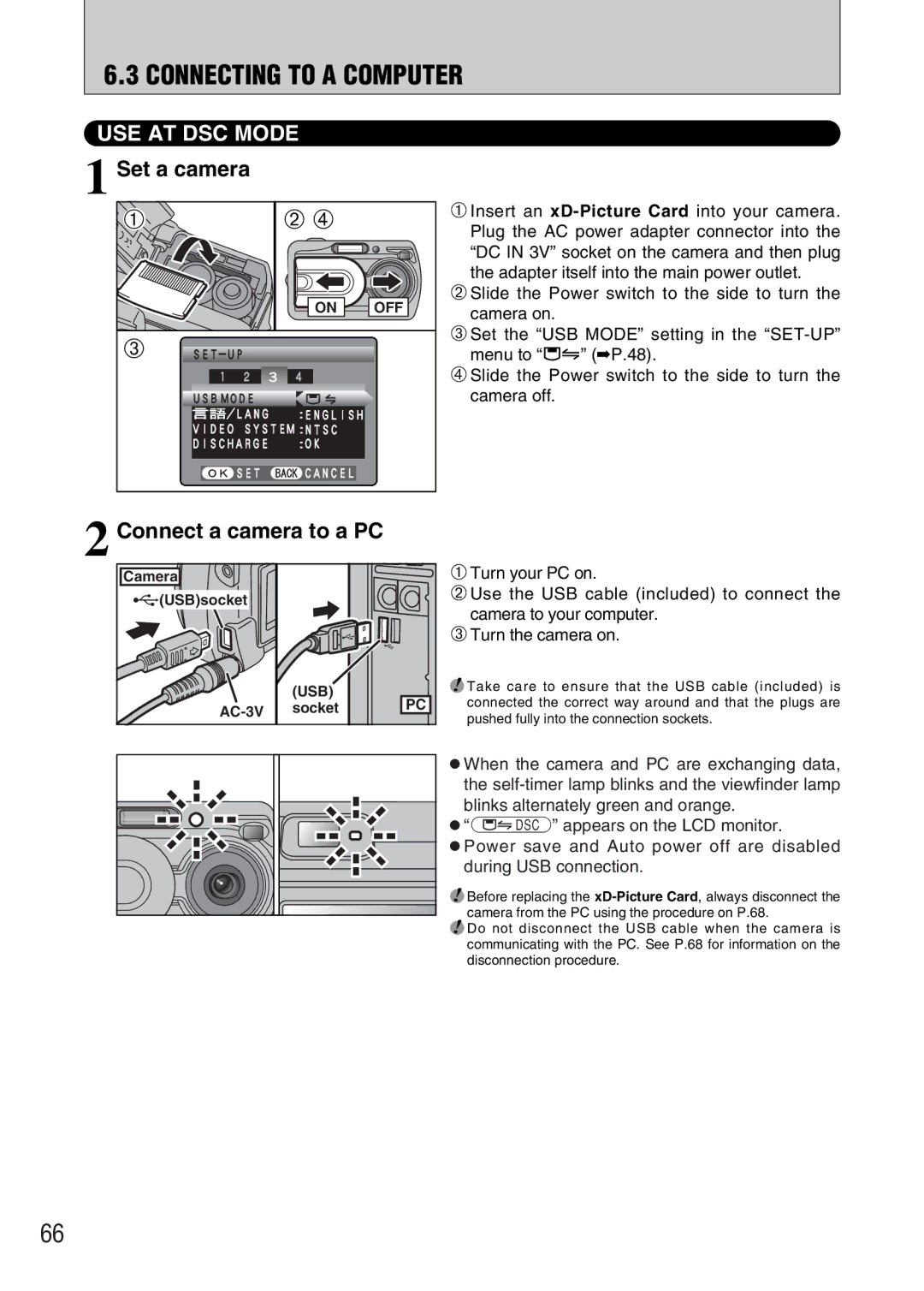 FujiFilm A330 owner manual USE AT DSC Mode, Set a camera, Connect a camera to a PC 