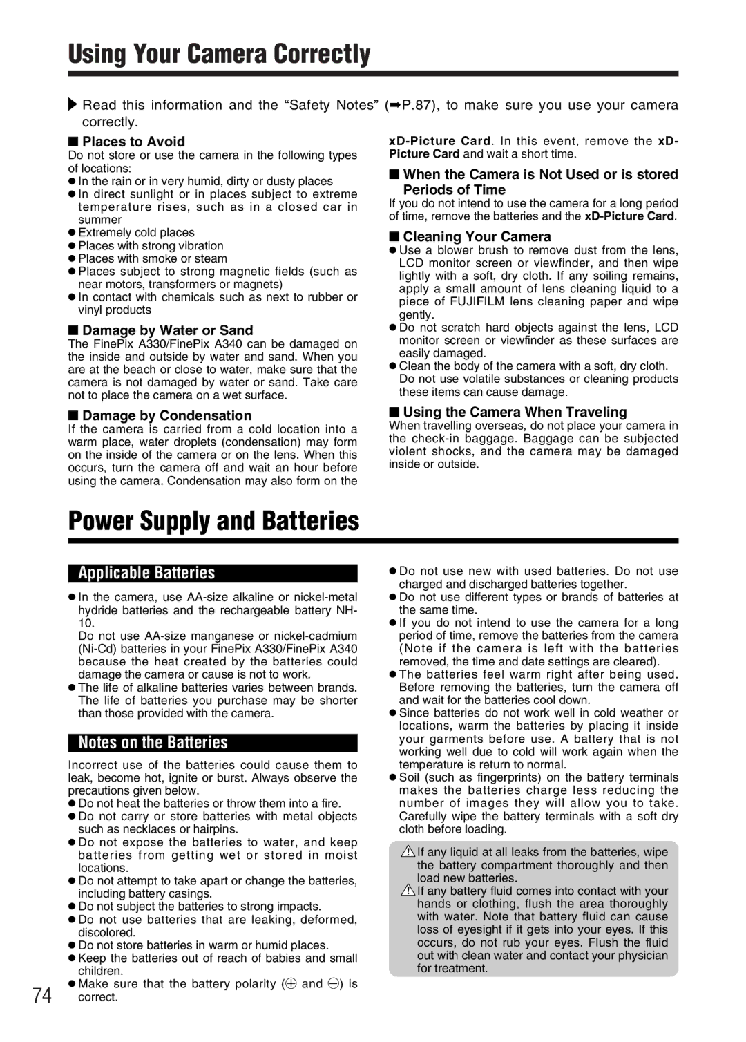 FujiFilm A330 owner manual Using Your Camera Correctly, Power Supply and Batteries 