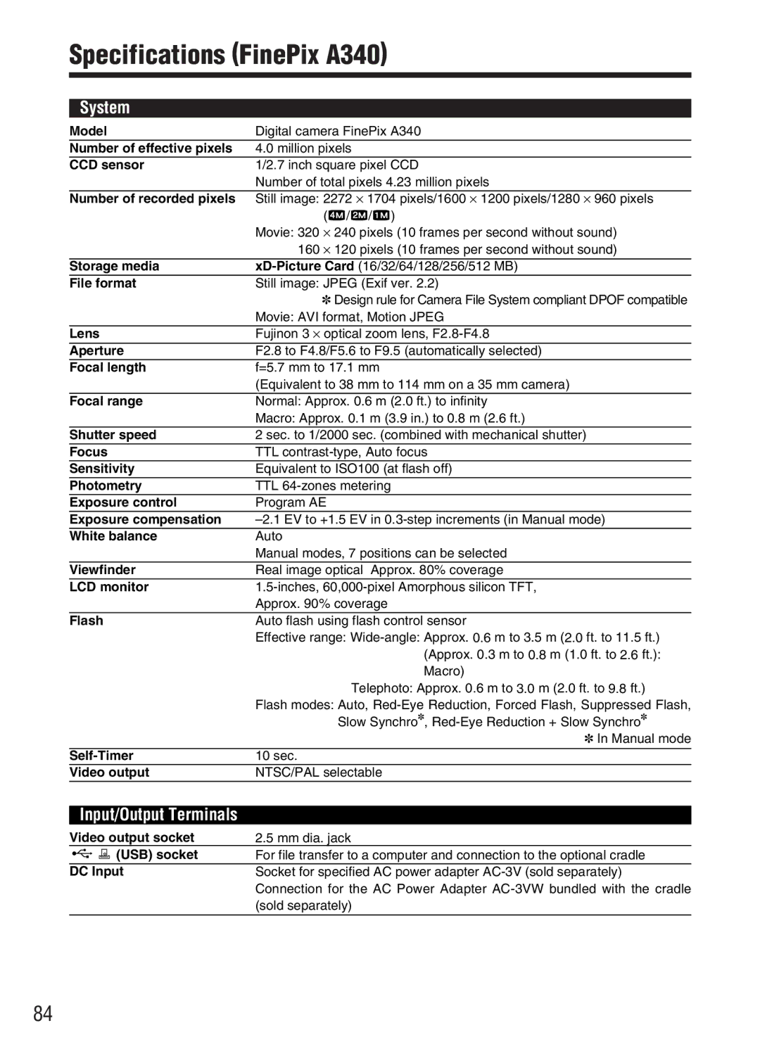 FujiFilm A330 owner manual Specifications FinePix A340 