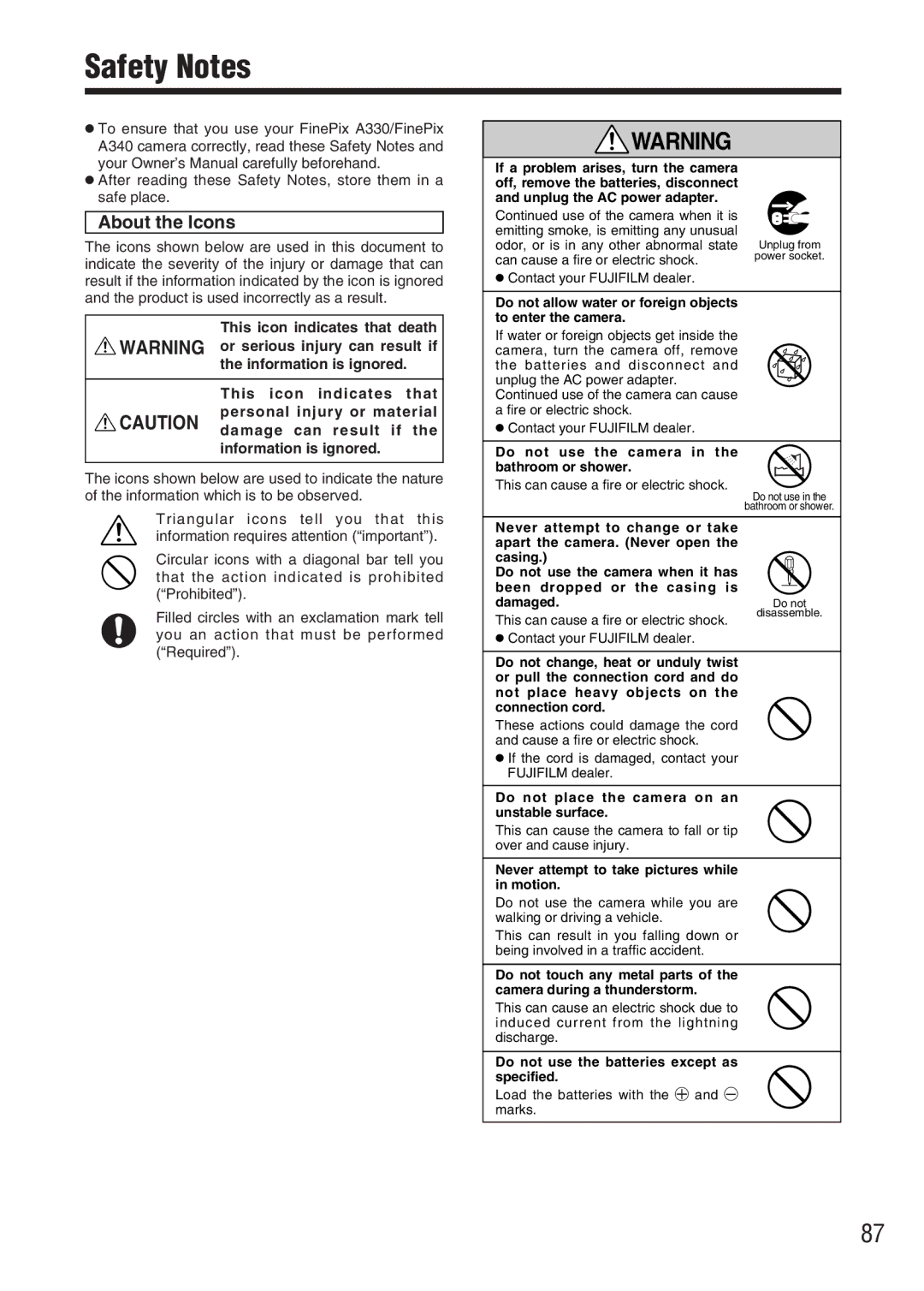 FujiFilm A330 owner manual Safety Notes, About the Icons 