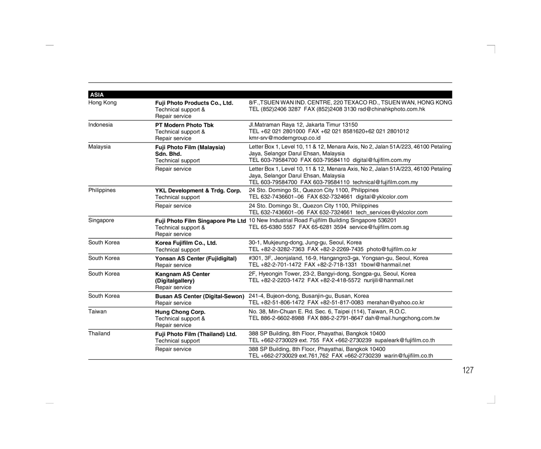 FujiFilm A600 owner manual 127, Asia 