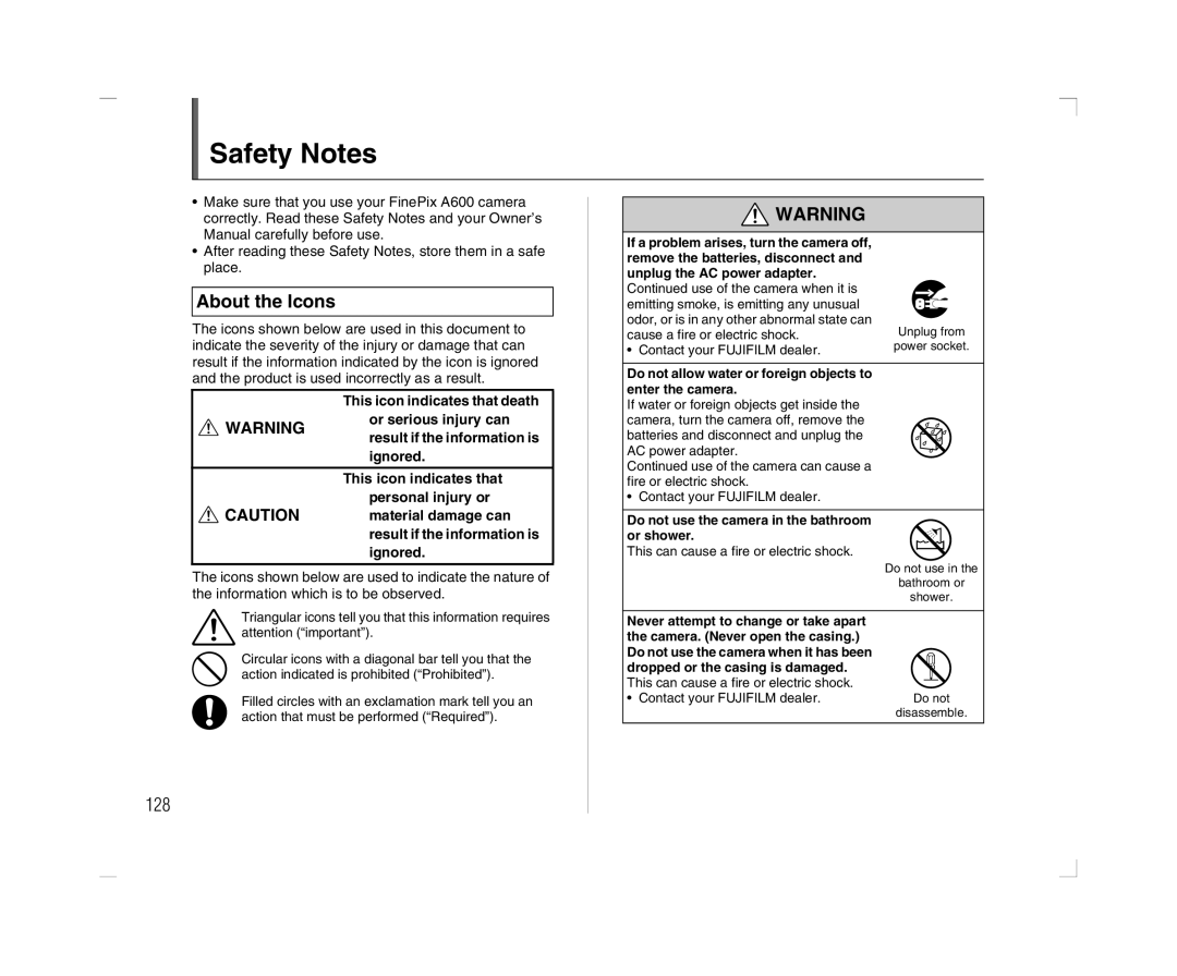 FujiFilm A600 owner manual Safety Notes, About the Icons, 128 