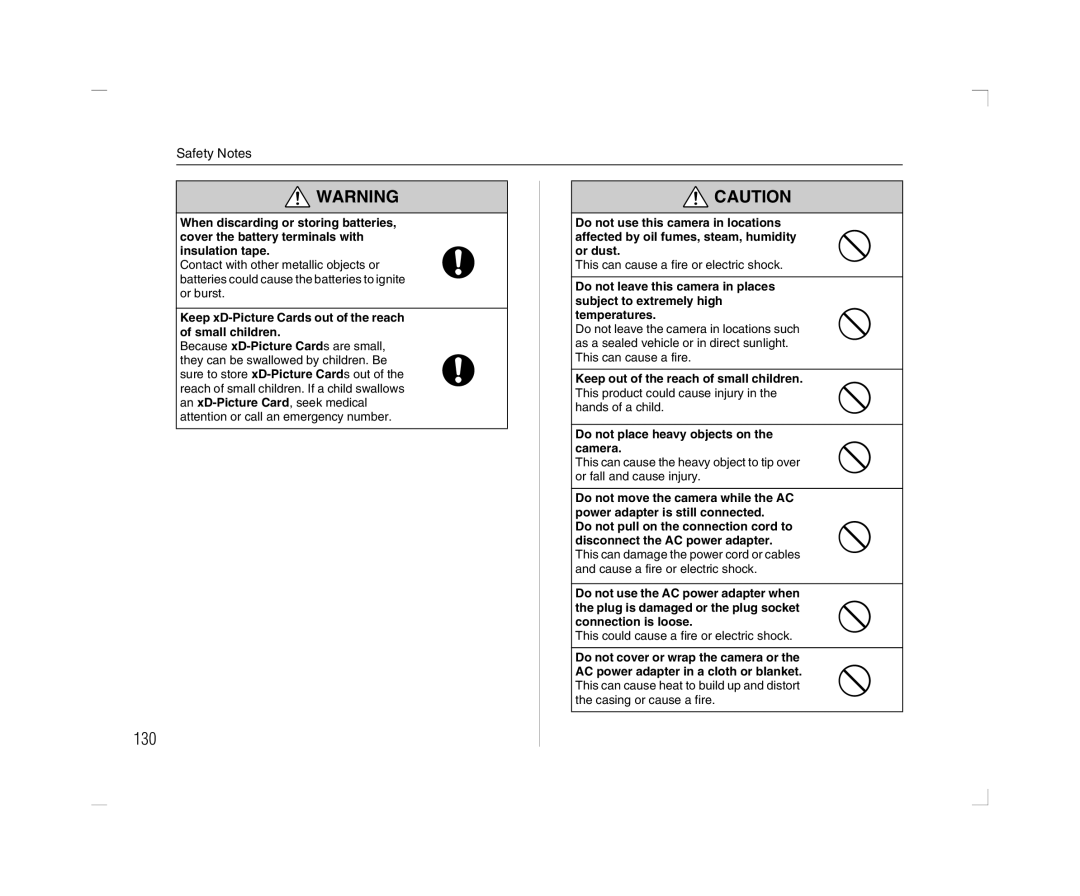 FujiFilm A600 owner manual 130, Safety Notes, Keep xD-Picture Cards out of the reach of small children 