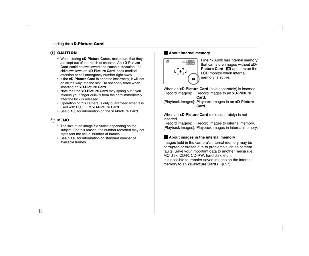 FujiFilm A600 owner manual Loading the xD-Picture Card ZAbout internal memory, Inserting an xD-Picture Card 