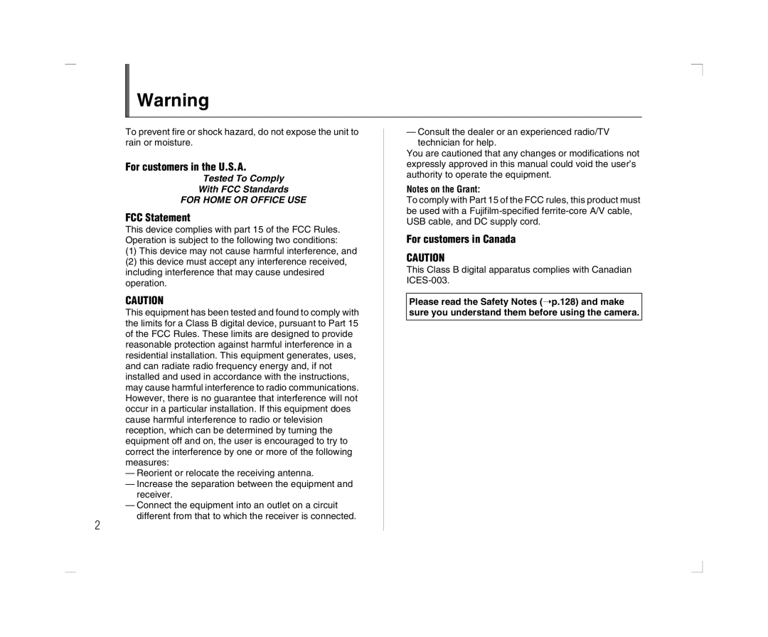 FujiFilm A600 For customers in the U.S.A, FCC Statement, For customers in Canada, Tested To Comply With FCC Standards 