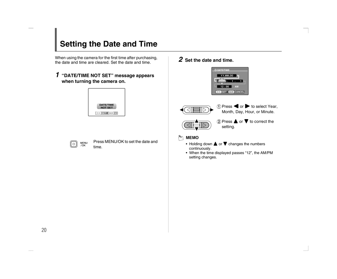 FujiFilm A600 owner manual Setting the Date and Time, Set the date and time, Press MENU/OK to set the date and time 