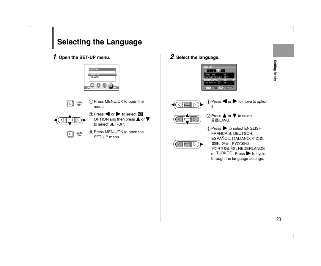 FujiFilm A600 owner manual Selecting the Language, Select the language, ESPAÑOL, Italiano Nederlands 