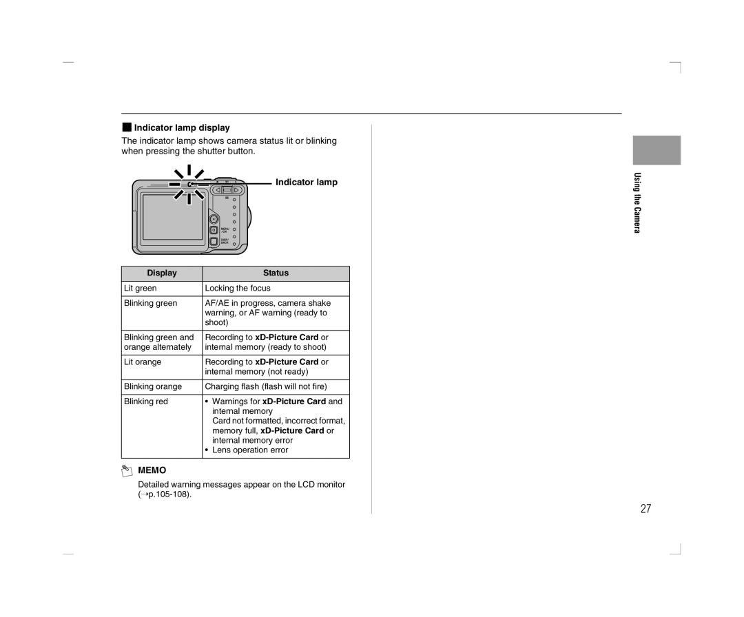 FujiFilm A600 owner manual ZIndicator lamp display, Indicator lamp Display Status, Recording to xD-Picture Card or 