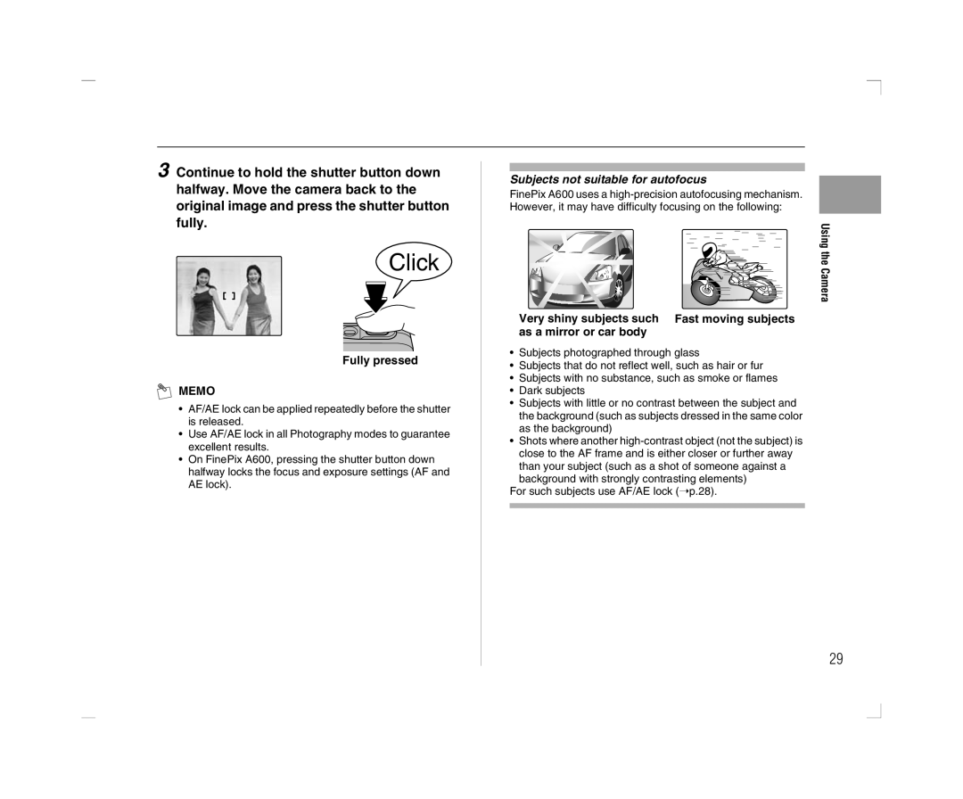 FujiFilm A600 owner manual Fully pressed, Subjects not suitable for autofocus, For such subjects use AF/AE lock p.28 