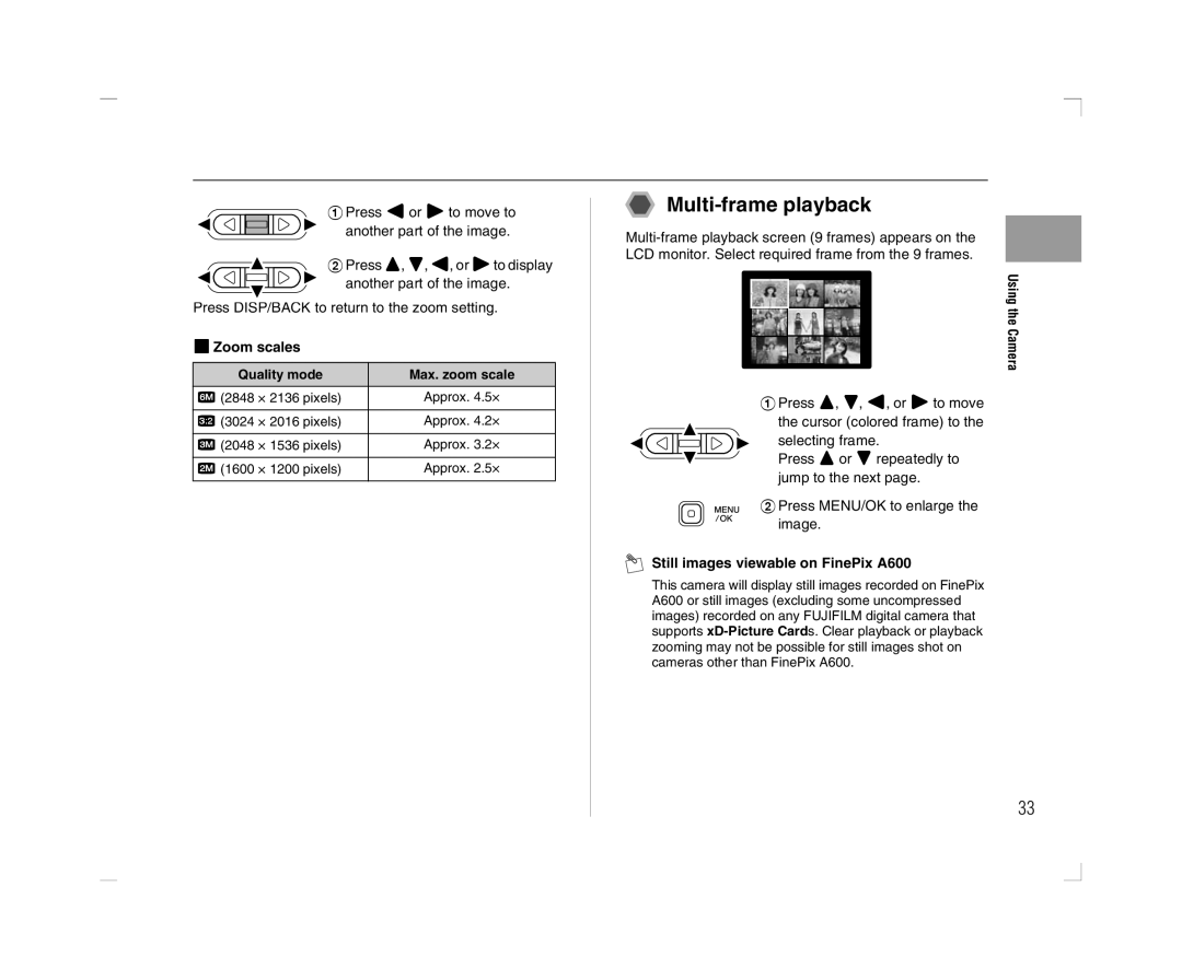 FujiFilm Multi-frame playback, ZZoom scales Quality mode Max. zoom scale, Still images viewable on FinePix A600 