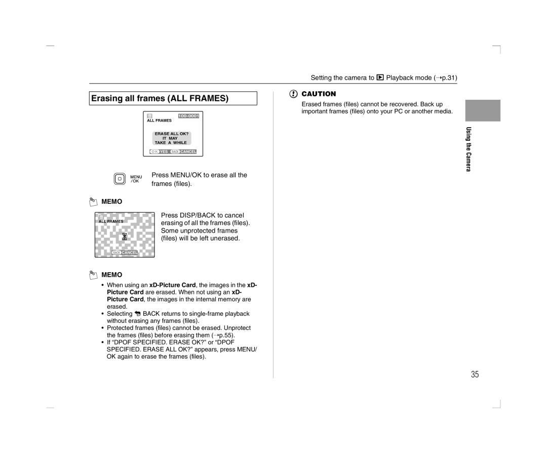 FujiFilm A600 owner manual Erasing all frames ALL Frames, Some unprotected frames, Files will be left unerased 