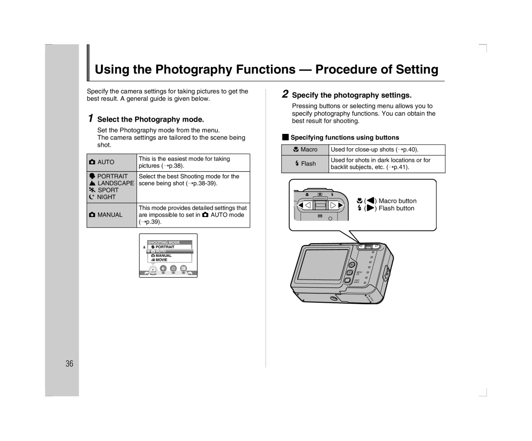 FujiFilm A600 owner manual Using the Photography Functions Procedure of Setting, Select the Photography mode 