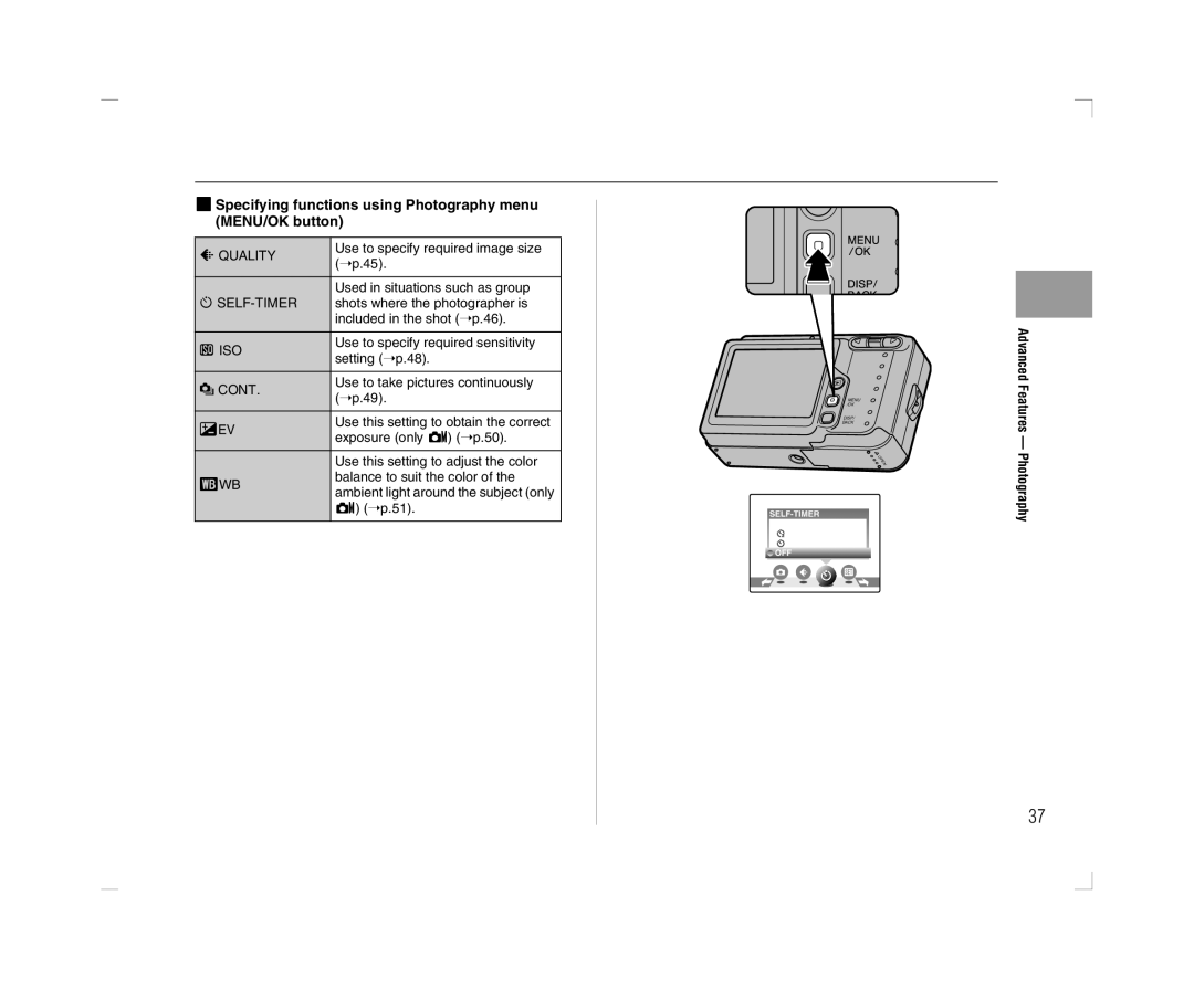 FujiFilm A600 owner manual ZSpecifying functions using Photography menu MENU/OK button, Self-Timer, Iso, Twb 