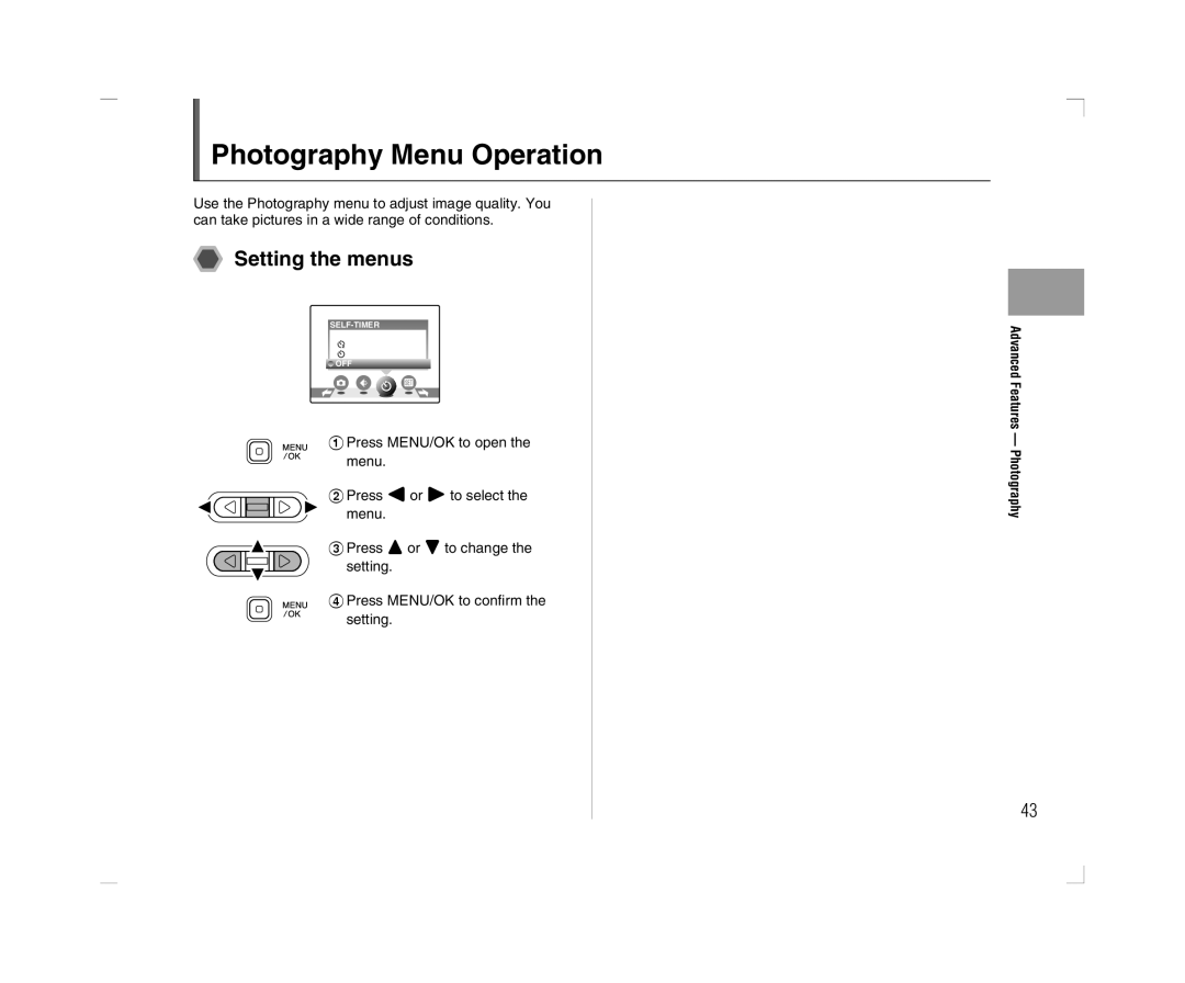 FujiFilm A600 owner manual Photography Menu Operation, Setting the menus 