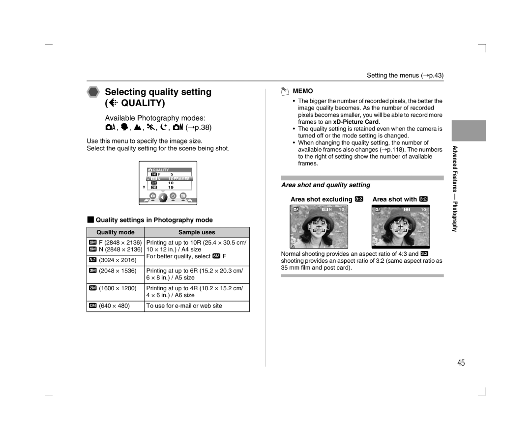 FujiFilm A600 Selecting quality setting y Quality, Area shot and quality setting, Area shot excluding % Area shot with % 