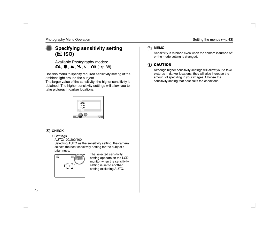 FujiFilm A600 owner manual Specifying sensitivity setting S ISO, Settings AUTO/100/200/400 