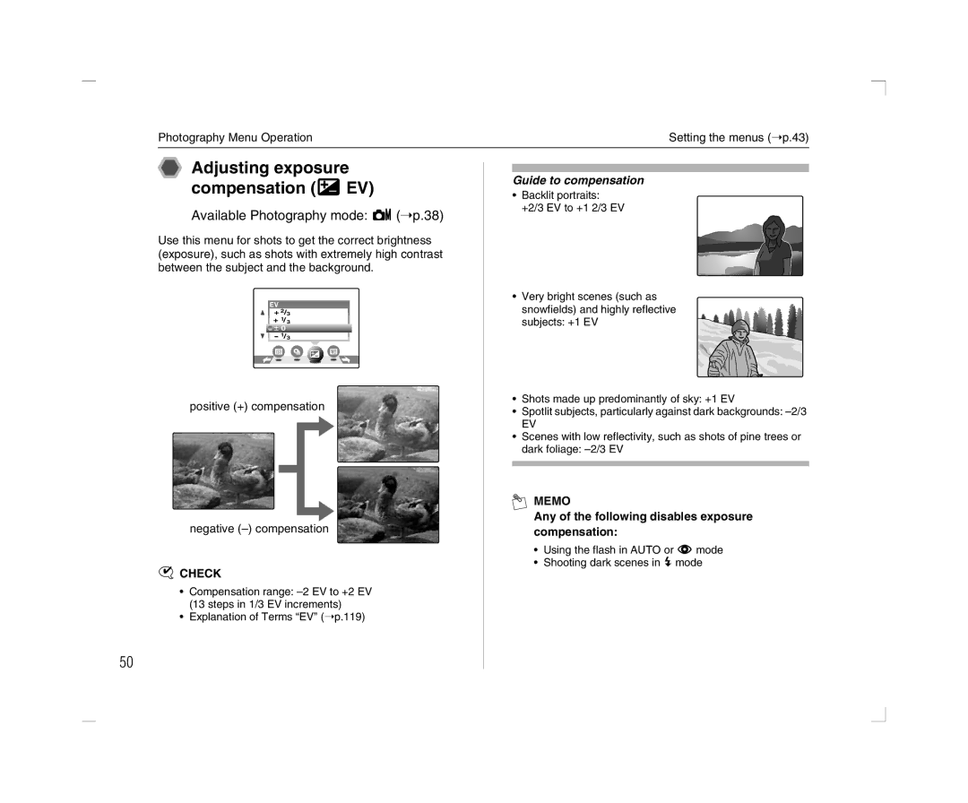 FujiFilm A600 Adjusting exposure compensation SEV, Positive + compensation Negative compensation, Guide to compensation 