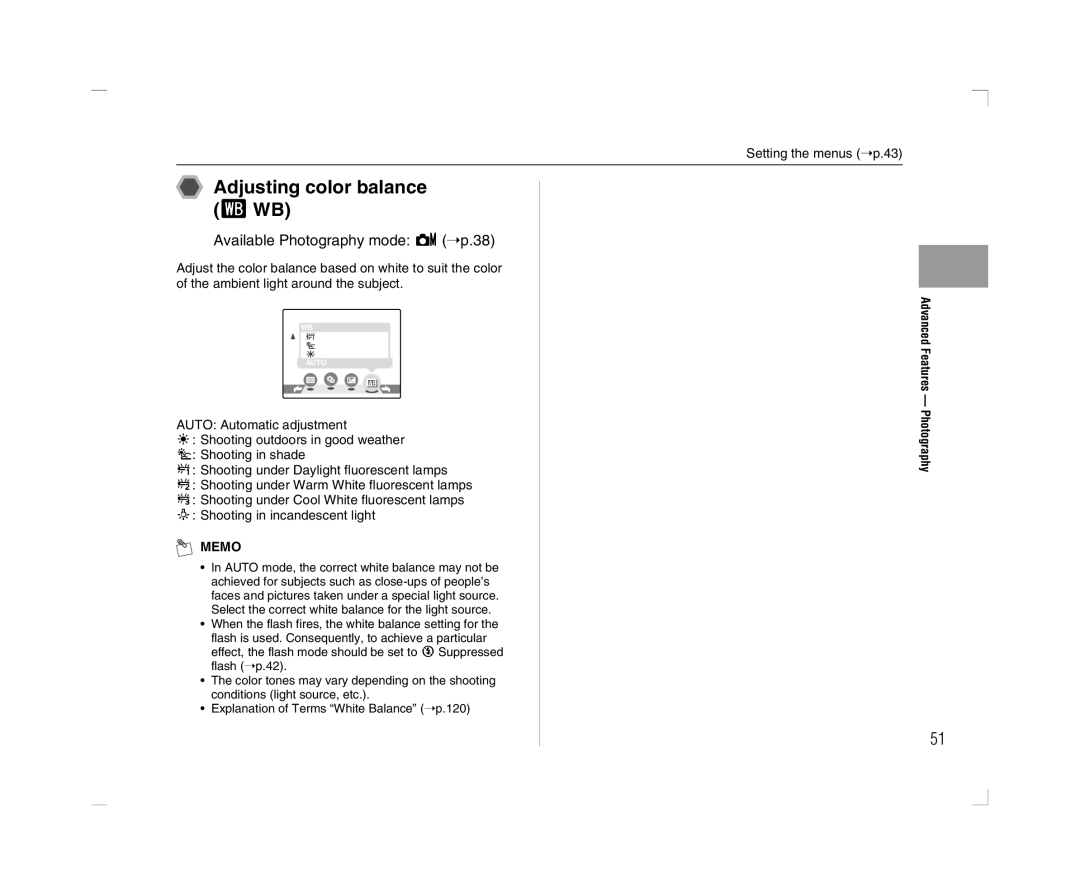 FujiFilm A600 owner manual Adjusting color balance TWB, Advanced Features Photography 